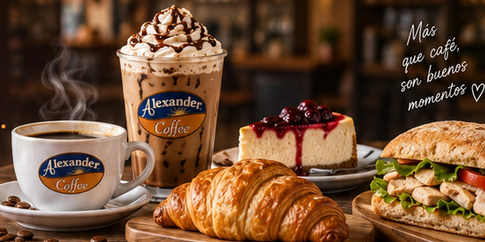 Cafés, pastelería y sándwiches de la propuesta visual de Alexander Coffee